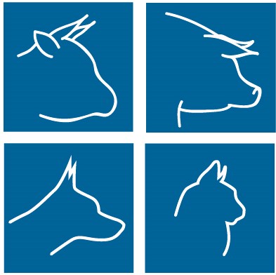 Bildmarke &ndash; Logo mit vier blauen Quadranten, darin wei&szlig;e Umrisszeichnungen von Rind, Schwein, Hund und Katze &ndash; Symbol f&uuml;r die tier&auml;rztliche Betreuung von Nutztieren und Haustieren.