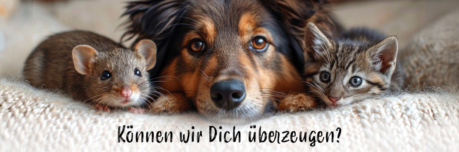 Eine Maus, ein Hund und eine Katze liegen zusammen auf dem Sofa. Darunter der Spruch "Können wir dich überzeugen?".